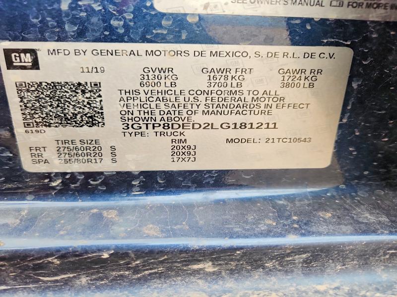 Aukcja sprzedaży 2020 Gmc Sierra, vin: 3GTP8DED2LG181211, numer aukcji: 76992665
