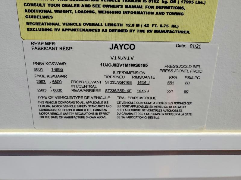 Auction sale of the 2021 Jayco Rv Trailer, vin: 1UJCJ0BV1M1WS0195, lot number: 47984846