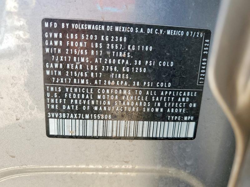 2020 Volkswagen Tiguan მანქანა იყიდება აუქციონზე, vin: 3VV3B7AX7LM155806, აუქციონის ნომერი: 78540985