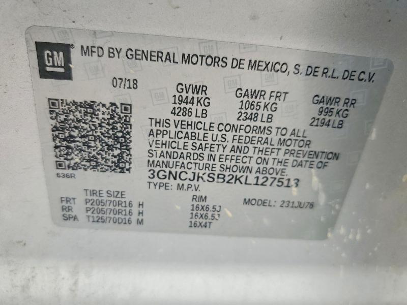 2019 Chevrolet Trax მანქანა იყიდება აუქციონზე, vin: 3GNCJKSB2KL127513, აუქციონის ნომერი: 76813695