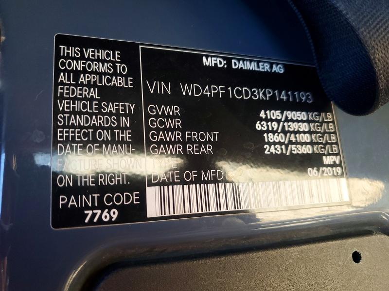 2019 Mercedes Benz Sprinter მანქანა იყიდება აუქციონზე, vin: WD4PF1CD3KP141193, აუქციონის ნომერი: 75883825