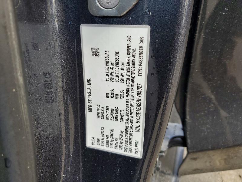 78523045 :رقم المزاد ، 5YJ3E1EA2RF785027 vin ، 2024 Tesla Model 3 مزاد بيع