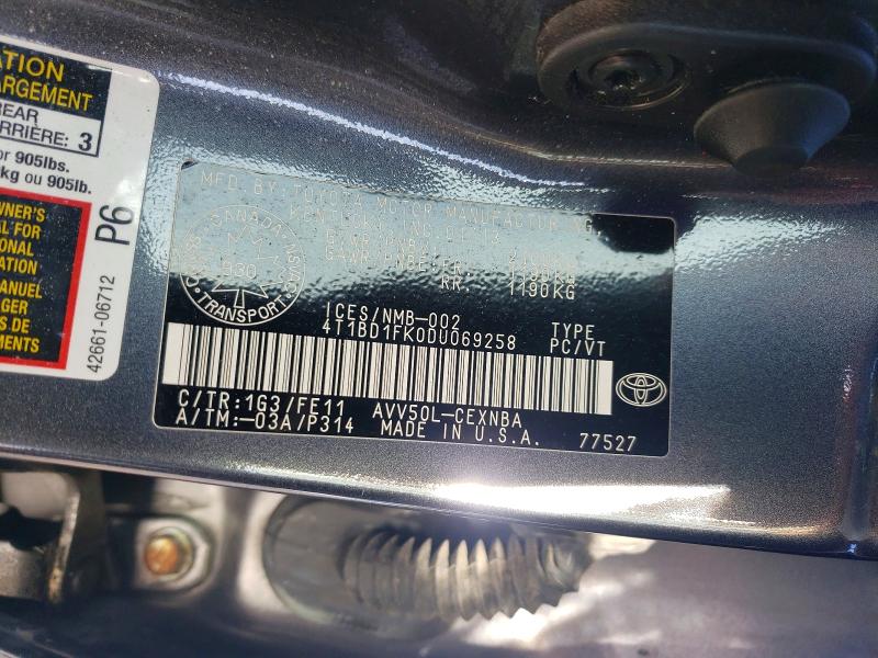 Aukcja sprzedaży 2013 Toyota Camry Le Hybrid 4dr, vin: 4T1BD1FK0DU069258, numer aukcji: 75936395
