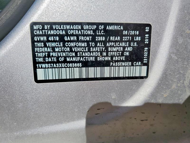 76341145 :رقم المزاد ، 1VWBS7A3XGC063665 vin ، 2016 Volkswagen Passat مزاد بيع