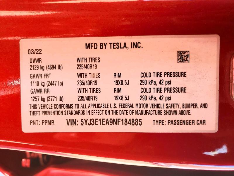 Aukcja sprzedaży 2022 Tesla Model 3, vin: 5YJ3E1EA9NF184885, numer aukcji: 78189665