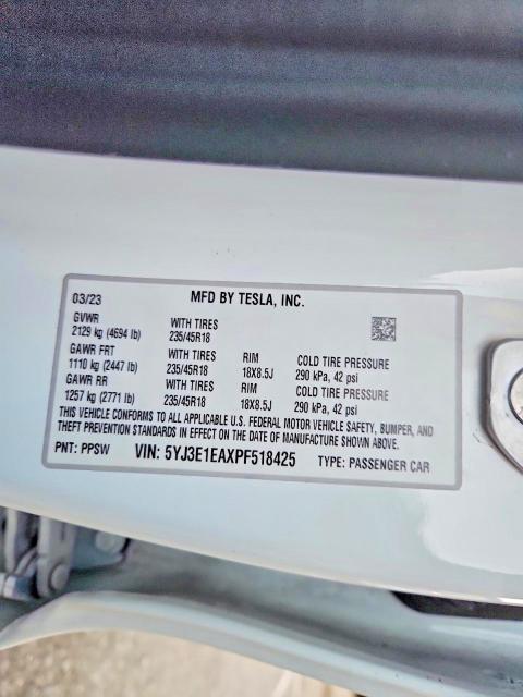 2023 Tesla Model 3 მანქანა იყიდება აუქციონზე, vin: 5YJ3E1EAXPF518425, აუქციონის ნომერი: 75496215