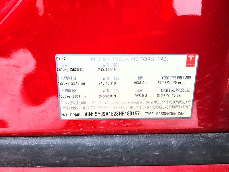 77076285 :رقم المزاد ، 5YJSA1E28HF180167 vin ، 2017 Tesla Model S مزاد بيع