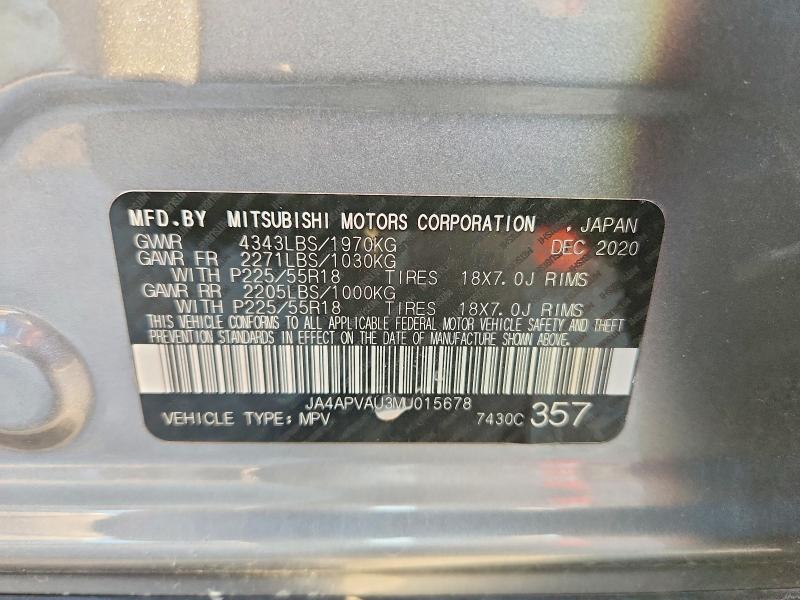 2021 Mitsubishi Outlander Sport მანქანა იყიდება აუქციონზე, vin: JA4APVAU3MU015678, აუქციონის ნომერი: 75362275