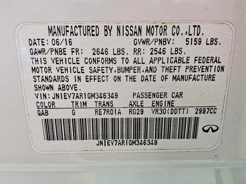 78100245 :رقم المزاد ، JN1EV7AR1GM346349 vin ، 2016 Infiniti Q50 مزاد بيع