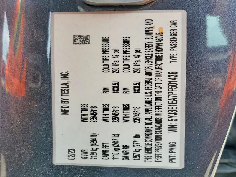 77400695 :رقم المزاد ، 5YJ3E1EA7PF501436 vin ، 2023 Tesla Model 3 مزاد بيع