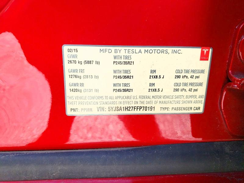 2015 Tesla Model S მანქანა იყიდება აუქციონზე, vin: 5YJSA1H27FFP70191, აუქციონის ნომერი: 77311725