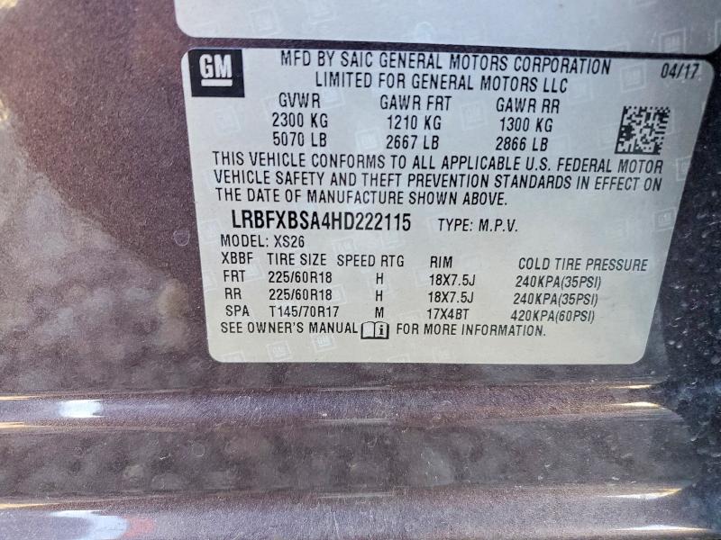 2017 Buick Envision მანქანა იყიდება აუქციონზე, vin: LRBFXBSA4HD222115, აუქციონის ნომერი: 76468265