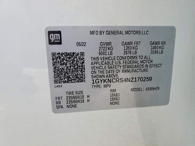 2022 Cadillac Xt5 მანქანა იყიდება აუქციონზე, vin: 1GYKNCRS4NZ170259, აუქციონის ნომერი: 78213705