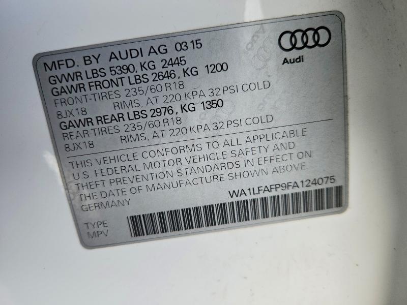 2015 Audi Q5 მანქანა იყიდება აუქციონზე, vin: WA1LFAFP9FA124075, აუქციონის ნომერი: 77217615