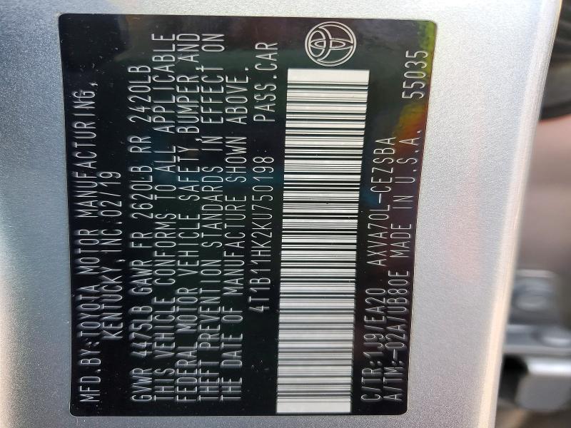 77851675 :رقم المزاد ، 4T1B11HK2KU750198 vin ، 2019 Toyota Camry Se Automatic مزاد بيع