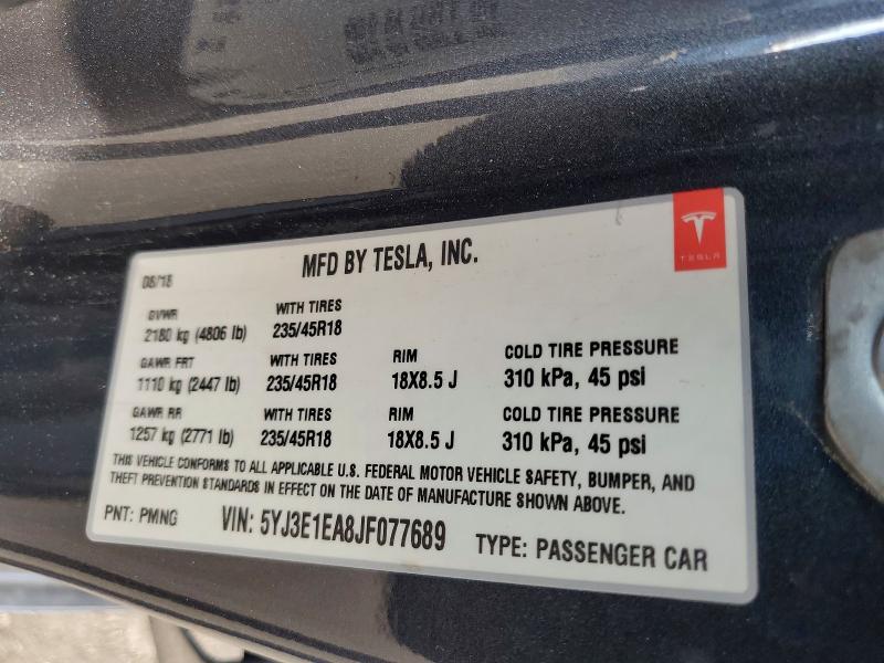 78172845 :رقم المزاد ، 5YJ3E1EA8JF077689 vin ، 2018 Tesla Model 3 مزاد بيع
