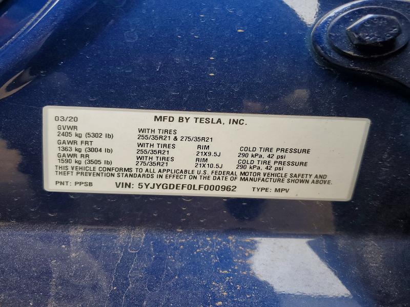 2020 Tesla Model Y მანქანა იყიდება აუქციონზე, vin: 5YJYGDEF0LF000962, აუქციონის ნომერი: 78445255
