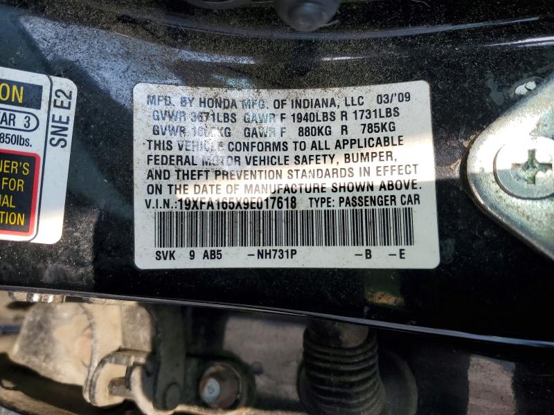 Aukcja sprzedaży 2009 Honda Civic, vin: 19XFA165X9E017618, numer aukcji: 76203485