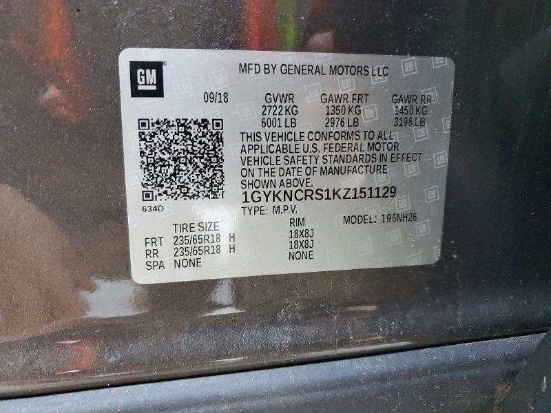 2019 Cadillac Xt5 მანქანა იყიდება აუქციონზე, vin: 1GYKNCRS1KZ151129, აუქციონის ნომერი: 76163205