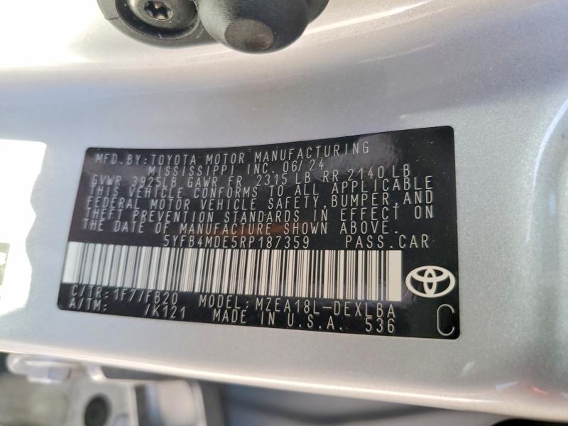 Aukcja sprzedaży 2024 Toyota Corolla, vin: 5YFB4MDE5RP187359, numer aukcji: 78737665