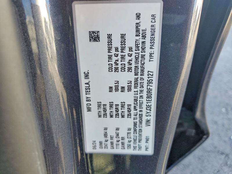 Продажа на аукционе авто 2024 Tesla Model 3, vin: 5YJ3E1EB0RF795127, номер лота: 75318255
