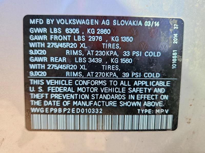 78307545 :رقم المزاد ، WVGEP9BP2ED010332 vin ، 2014 Volkswagen Touareg مزاد بيع