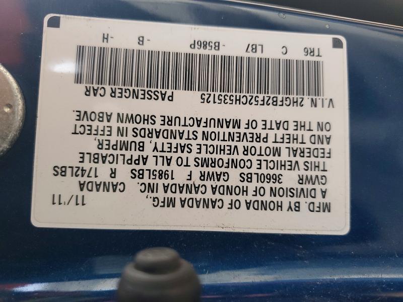 76265615 :رقم المزاد ، 2HGFB2F52CH535125 vin ، 2012 Honda Civic مزاد بيع