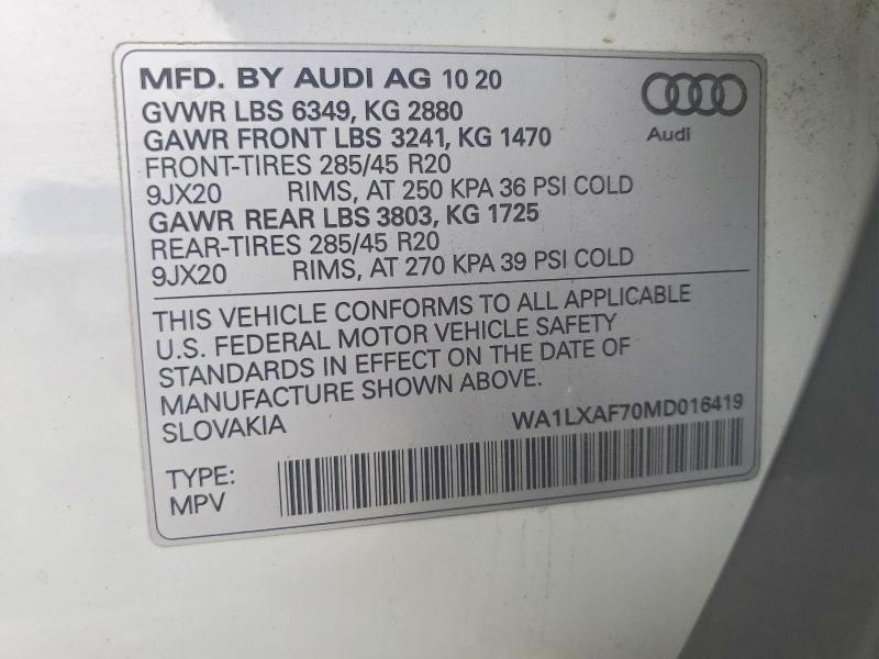 75741385 :رقم المزاد ، WA1LXAF70MD016419 vin ، 2021 Audi Q7 مزاد بيع