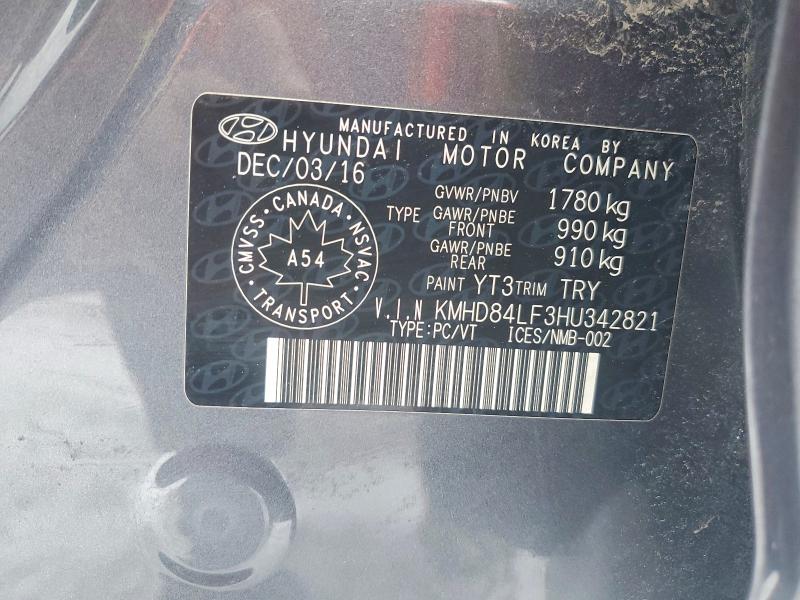 98663165 :رقم المزاد ، KMHD84LF3HU342821 vin ، 2017 Hyundai Elantra مزاد بيع