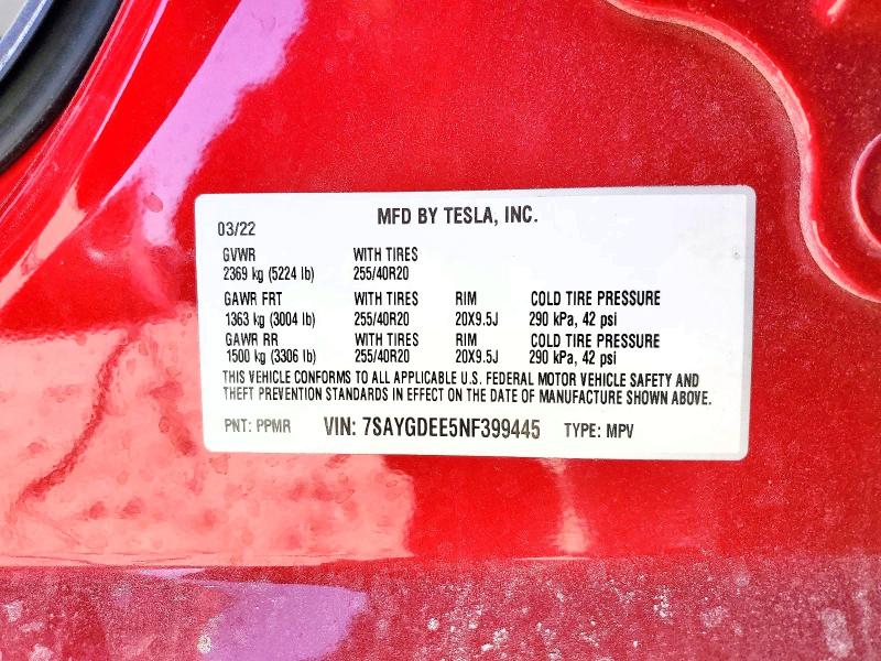 78520085 :رقم المزاد ، 7SAYGDEE5NF399445 vin ، 2022 Tesla Model Y مزاد بيع