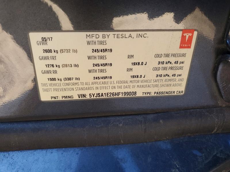 76238475 :رقم المزاد ، 5YJSA1E26HF199008 vin ، 2017 Tesla Model S مزاد بيع