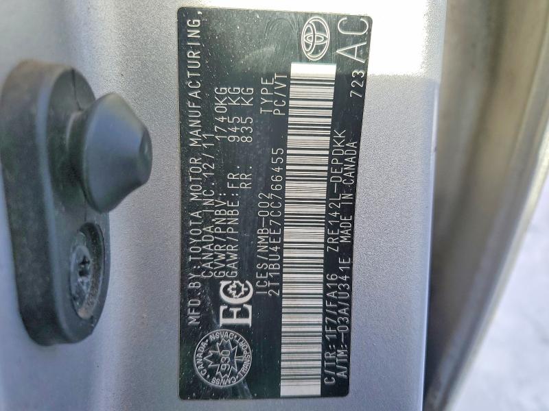 2012 Toyota Corolla Ba მანქანა იყიდება აუქციონზე, vin: 2T1BU4EE7CC766455, აუქციონის ნომერი: 74033805