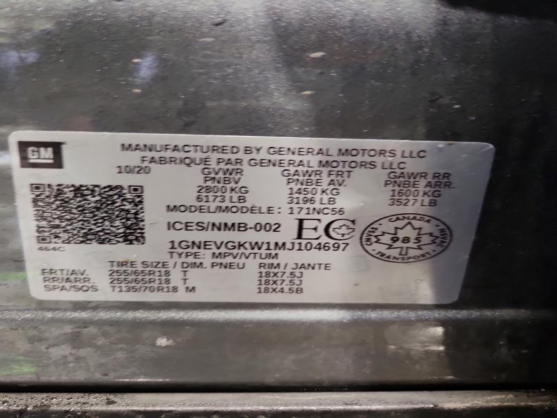 77436815 :رقم المزاد ، 1GNEVGKW1MJ104697 vin ، 2021 Chevrolet Traverse مزاد بيع