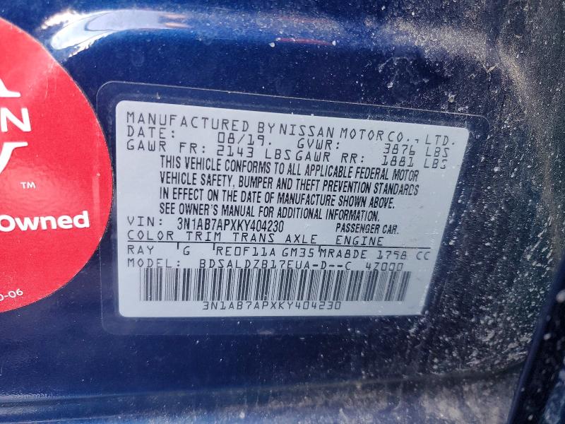 2019 Niss Sentra მანქანა იყიდება აუქციონზე, vin: 3N1AB7APXKY404230, აუქციონის ნომერი: 75824235
