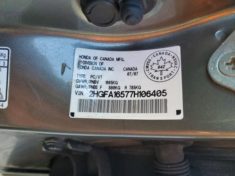 73690725 :رقم المزاد ، 2HGFA16577H106405 vin ، 2007 Honda Civic مزاد بيع
