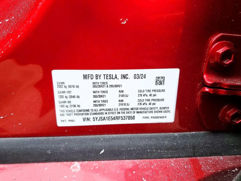 2024 Tesla Model S მანქანა იყიდება აუქციონზე, vin: 5YJSA1E54RF537050, აუქციონის ნომერი: 76233315