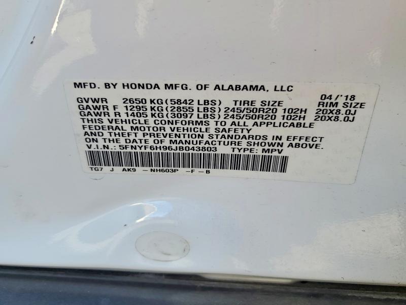 Aukcja sprzedaży 2018 Honda Pilot, vin: 5FNYF6H96JB043803, numer aukcji: 79088355