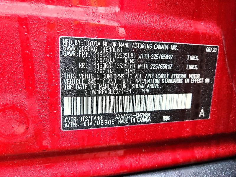 77941455 :رقم المزاد ، 2T3W1RFV3LC071421 vin ، 2020 Toyota Rav4 مزاد بيع