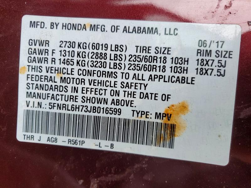 77349775 :رقم المزاد ، 5FNRL6H73JB016599 vin ، 2018 Honda Odyssey مزاد بيع