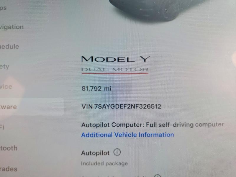77846505 :رقم المزاد ، 7SAYGDEF2NF326512 vin ، 2022 Tesla Model Y مزاد بيع