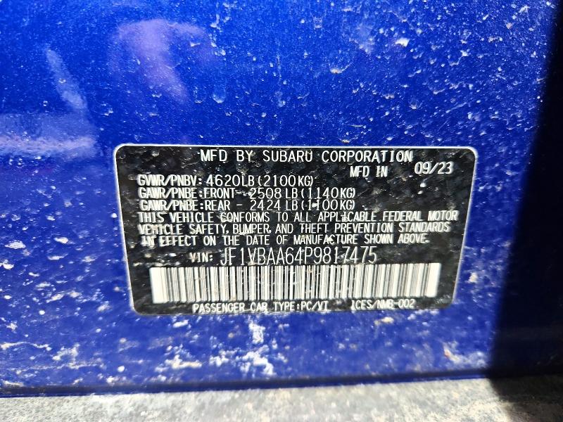2023 Subaru Wrx მანქანა იყიდება აუქციონზე, vin: JF1VBAA64P9817475, აუქციონის ნომერი: 78268055