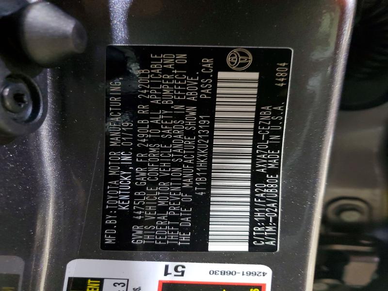 Продажа на аукционе авто 2019 Toyota Camry, vin: 4T1B11HKXKU213191, номер лота: 78482405