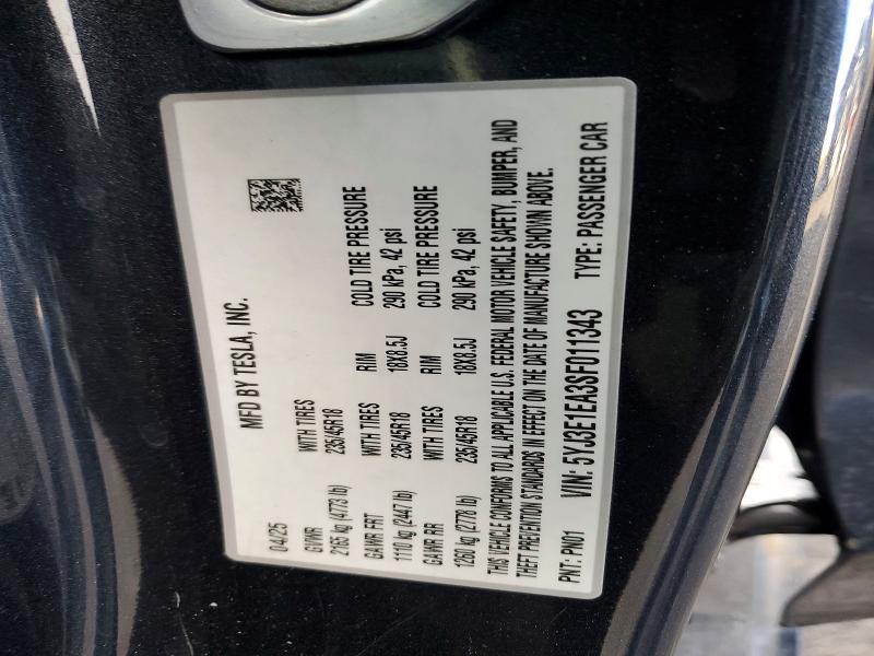2025 Tesla Model 3 მანქანა იყიდება აუქციონზე, vin: 5YJ3E1EA3SF011343, აუქციონის ნომერი: 78169055