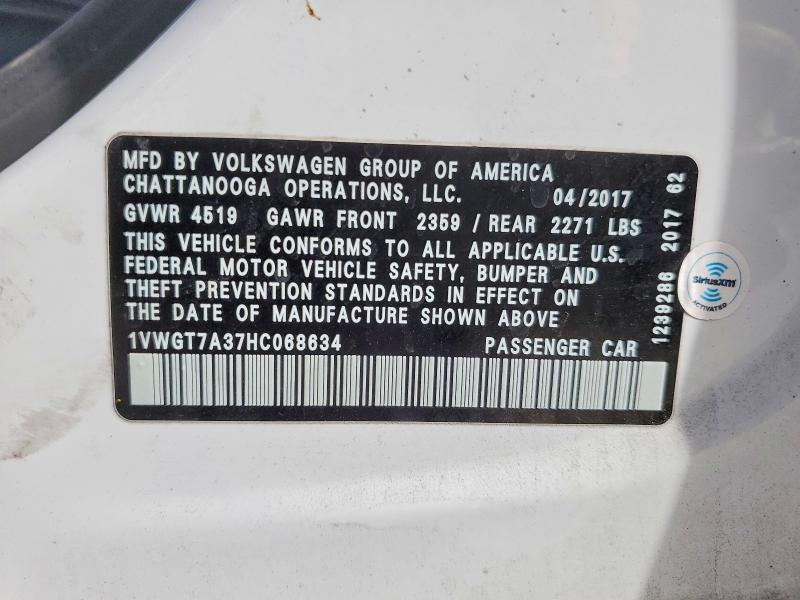 2017 Volkswagen Passat მანქანა იყიდება აუქციონზე, vin: 1VWGT7A37HC068634, აუქციონის ნომერი: 78708525