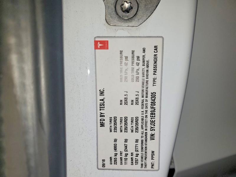 78679715 :رقم المزاد ، 5YJ3E1EB9JF084305 vin ، 2018 Tesla Model 3 مزاد بيع