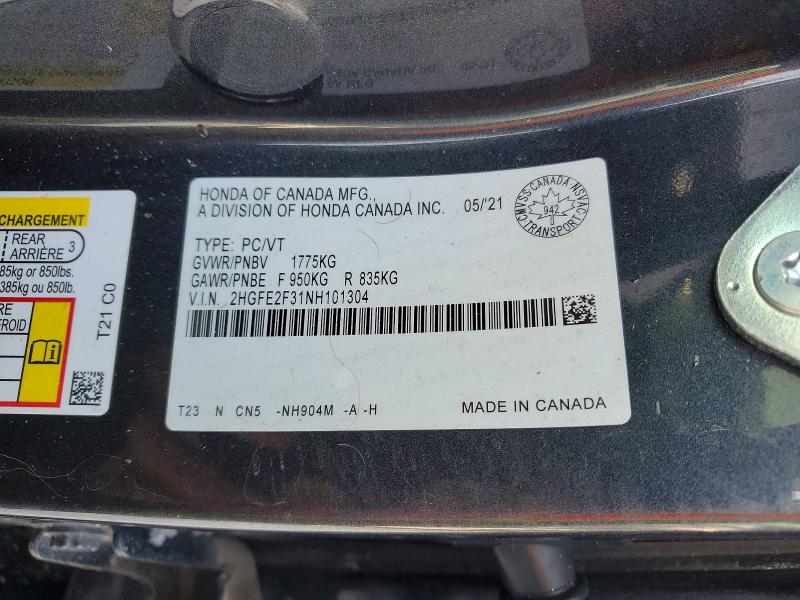 Aukcja sprzedaży 2022 Honda Civic, vin: 2HGFE2F31NH101304, numer aukcji: 75977885