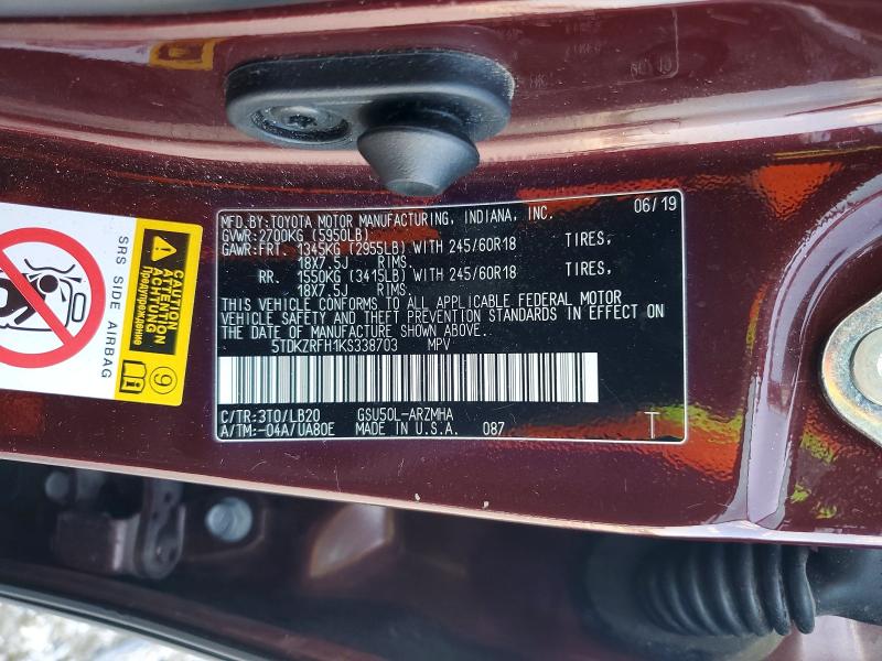 76610835 :رقم المزاد ، 5TDKZRFH1KS338703 vin ، 2019 Toyota Highlander مزاد بيع