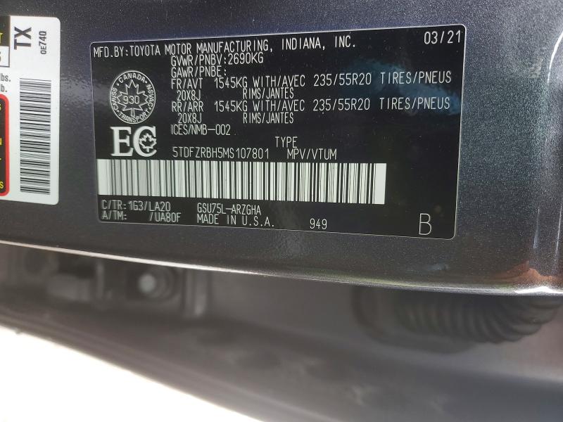 2021 Toyota Highlander მანქანა იყიდება აუქციონზე, vin: 5TDFZRBH5MS107801, აუქციონის ნომერი: 77015825