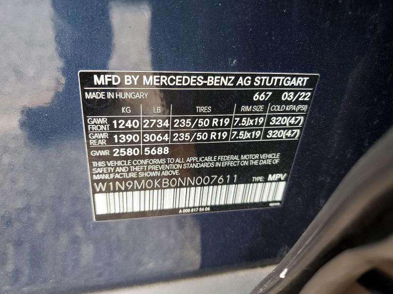 Aukcja sprzedaży 2022 Mercedes-benz Eqb, vin: W1N9M0KB0NN007611, numer aukcji: 76610155
