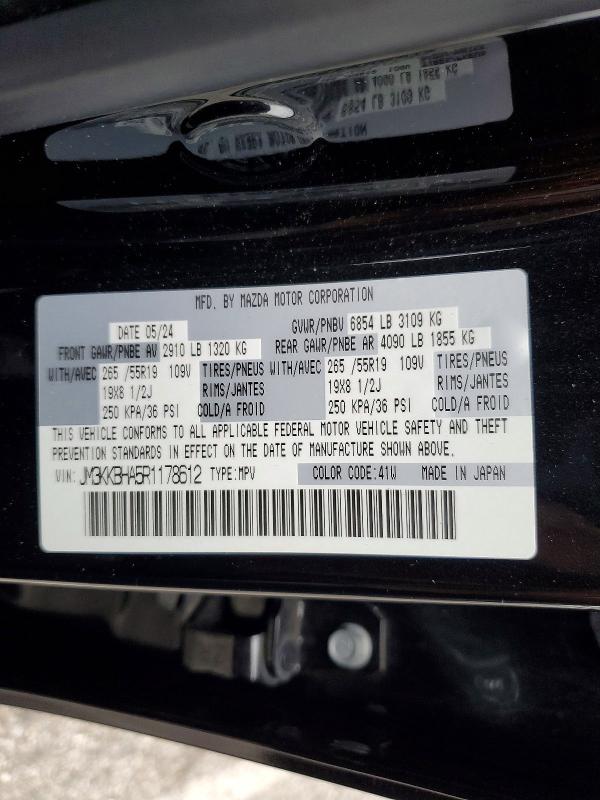 2024 Mazda Cx-90 მანქანა იყიდება აუქციონზე, vin: JM3KKBHA5R1178612, აუქციონის ნომერი: 98621795